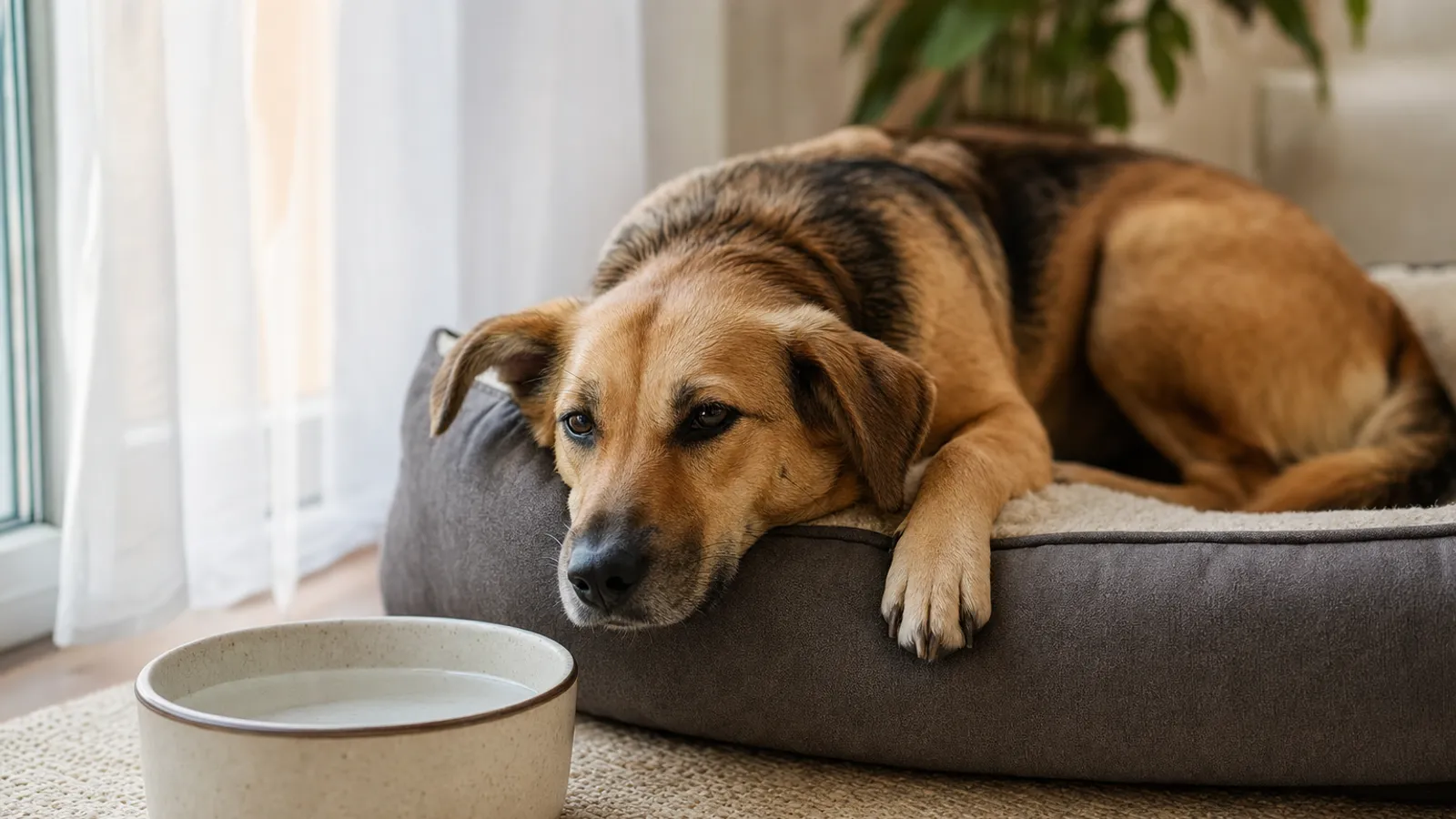 Cachorro de porte médio deitado em uma caminha macia, com expressão cansada, ao lado de um pote de água
