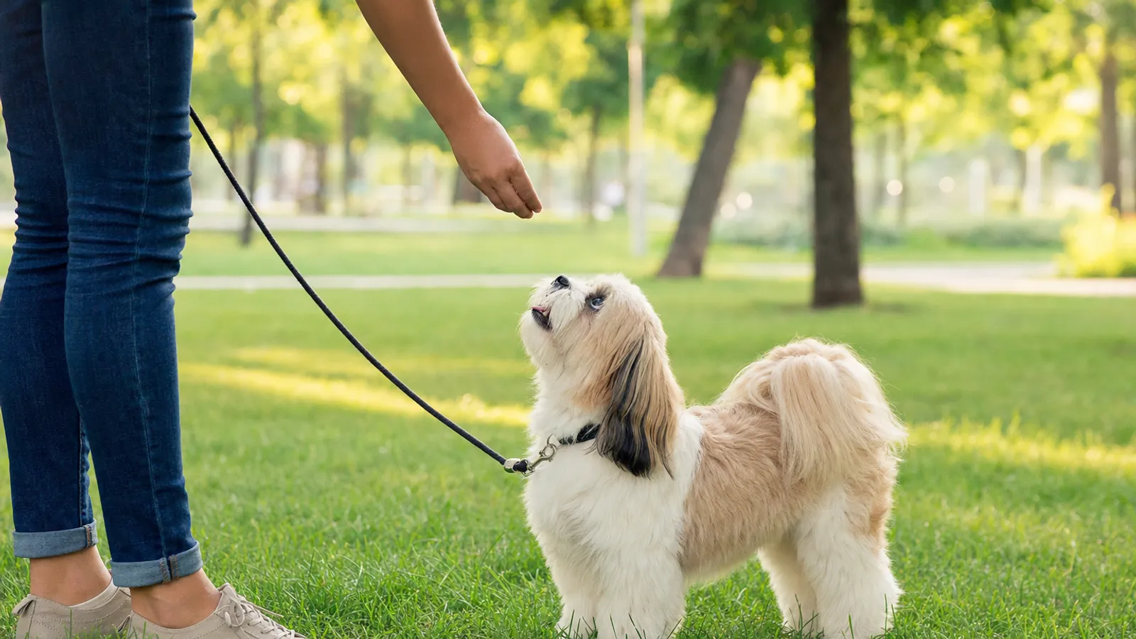 Cachorro pequeno de pelo longo passeando na guia em um gramado, olhando para o tutor que segura um petisco