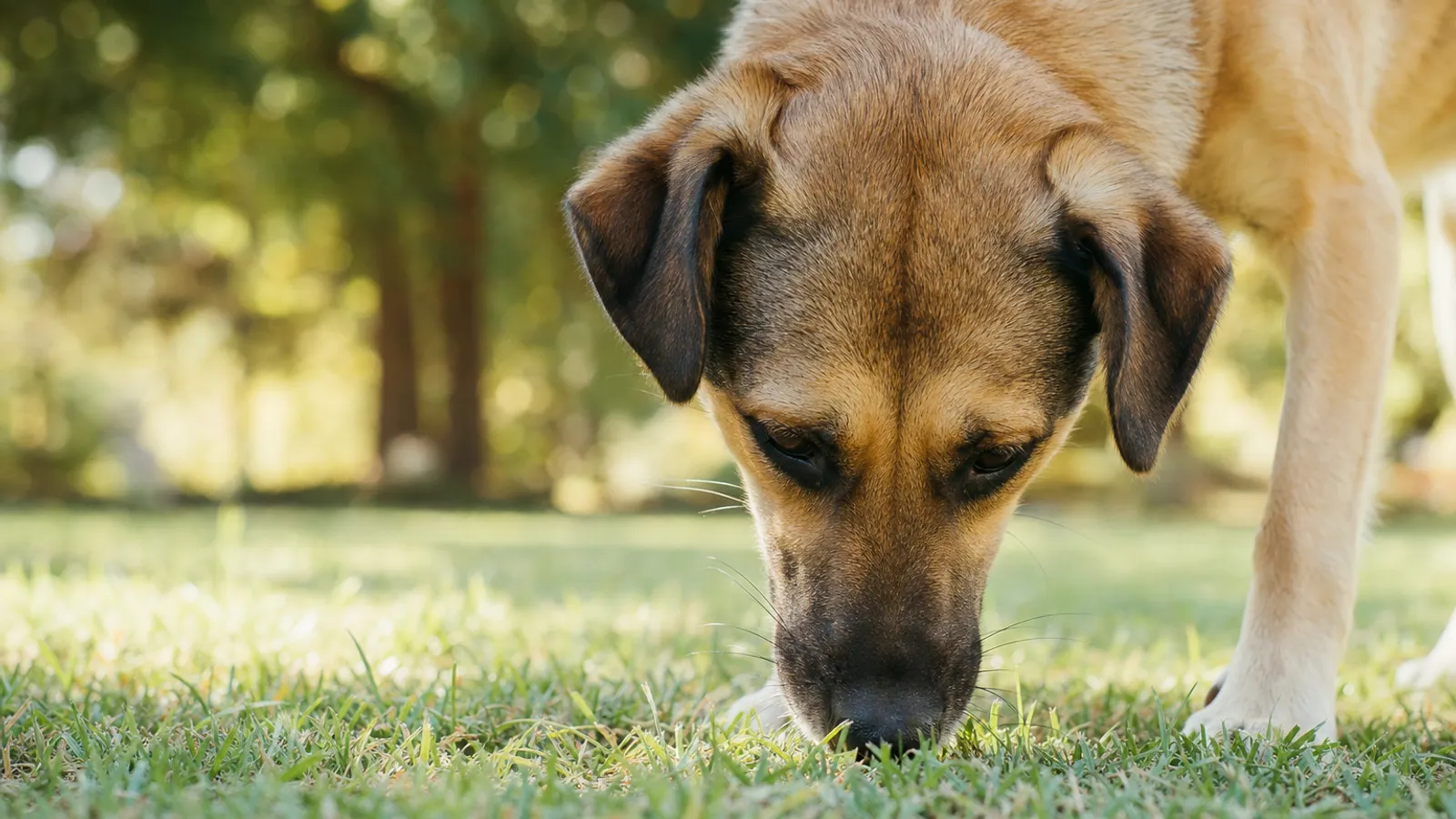 Cachorro de porte médio farejando a grama em um parque, com o focinho em primeiro plano