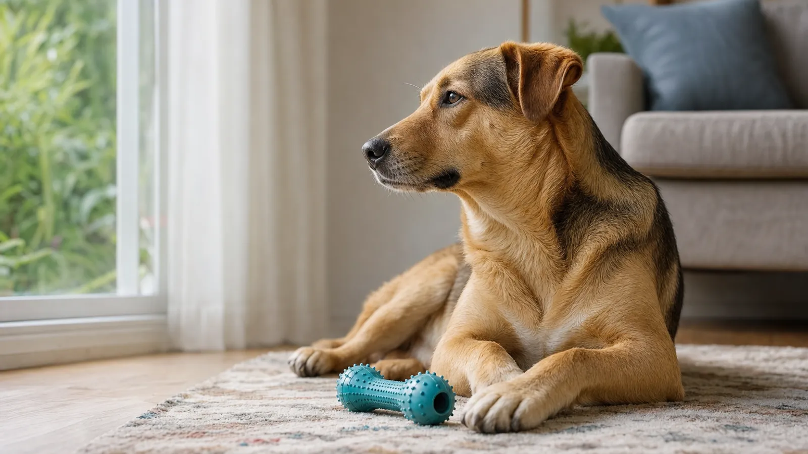 Cachorro sem raça definida deitado tranquilo em um tapete ao lado de um brinquedo recheável, olhando para a janela