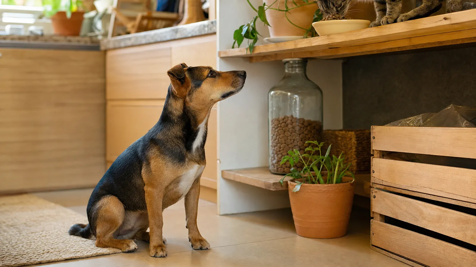 Cachorro olhando com interesse para o pote de ração de um gato, que come em uma prateleira mais alta