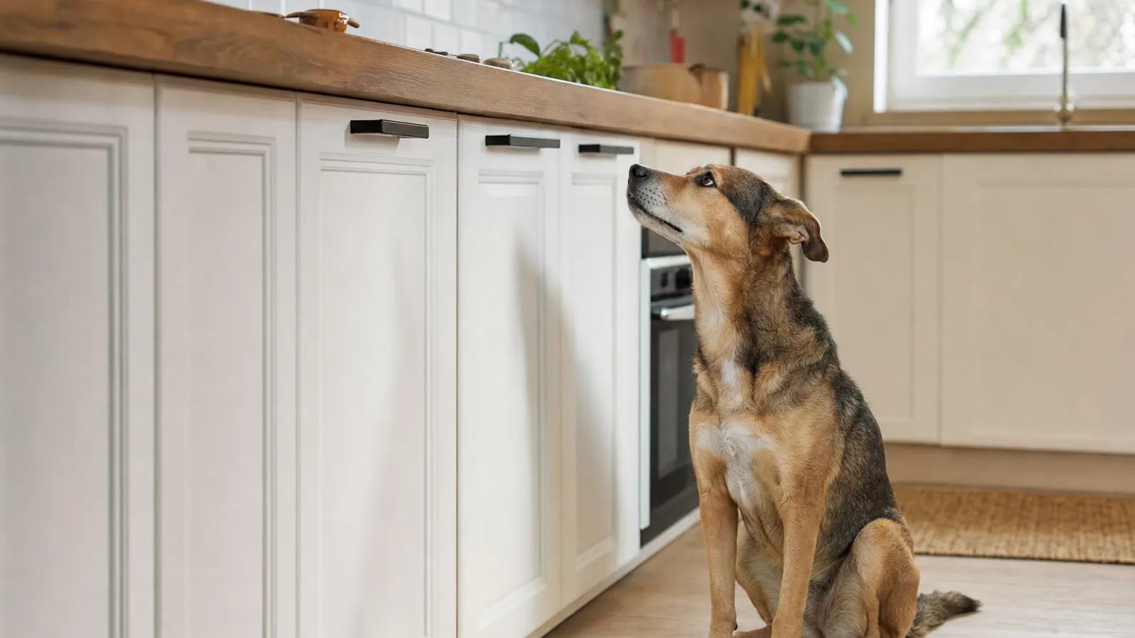 Cachorro sentado na cozinha olhando com atenção para a bancada