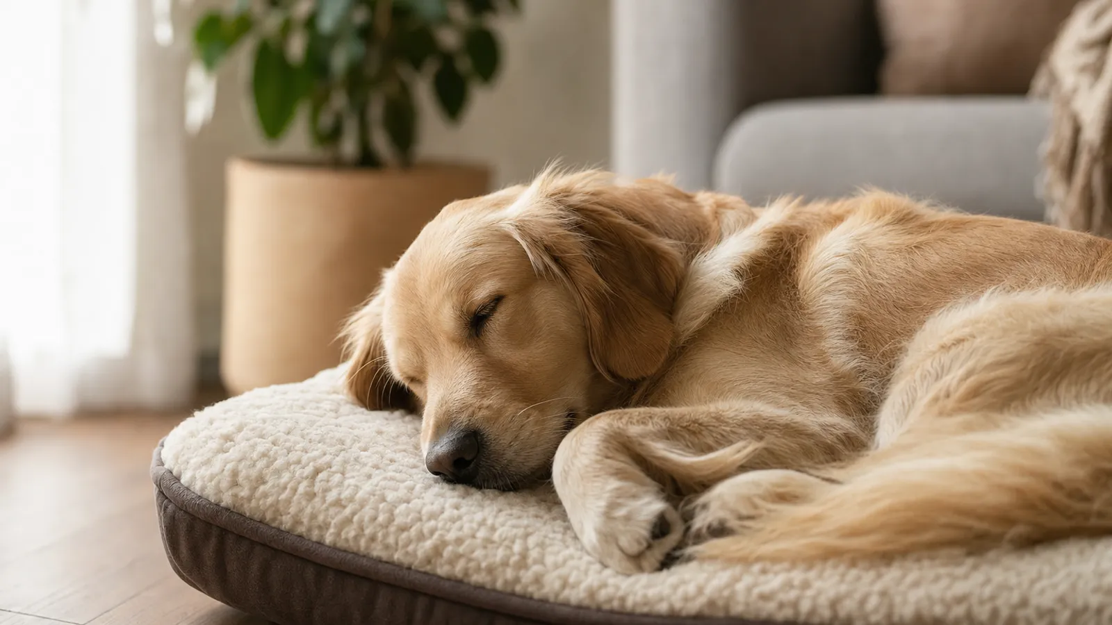 Cachorro dormindo tranquilamente em uma caminha macia, com as patas relaxadas, em uma sala iluminada por luz natural.