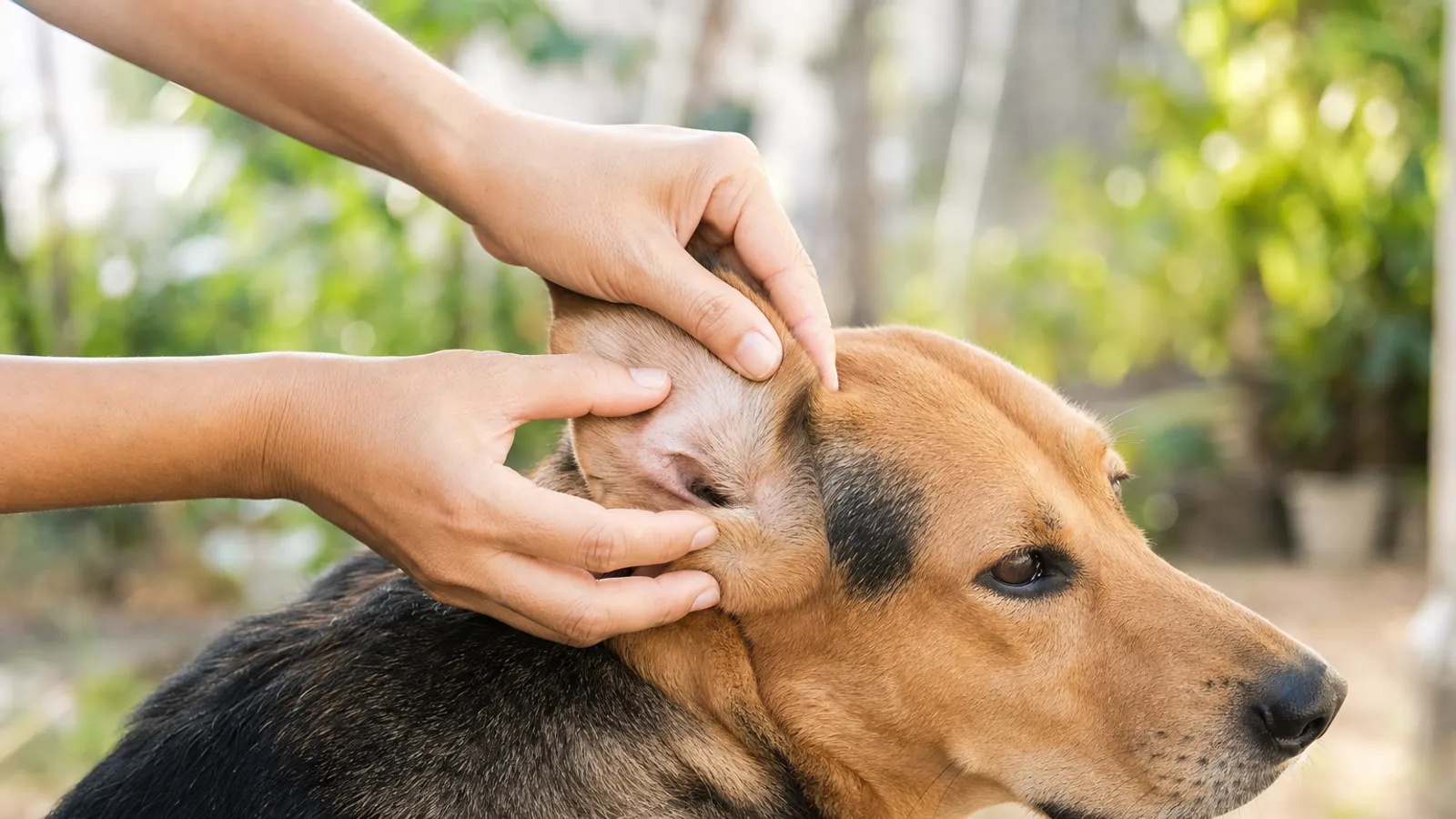 Tutor examinando com cuidado as orelhas de um cachorro de pelo curto em busca de carrapatos