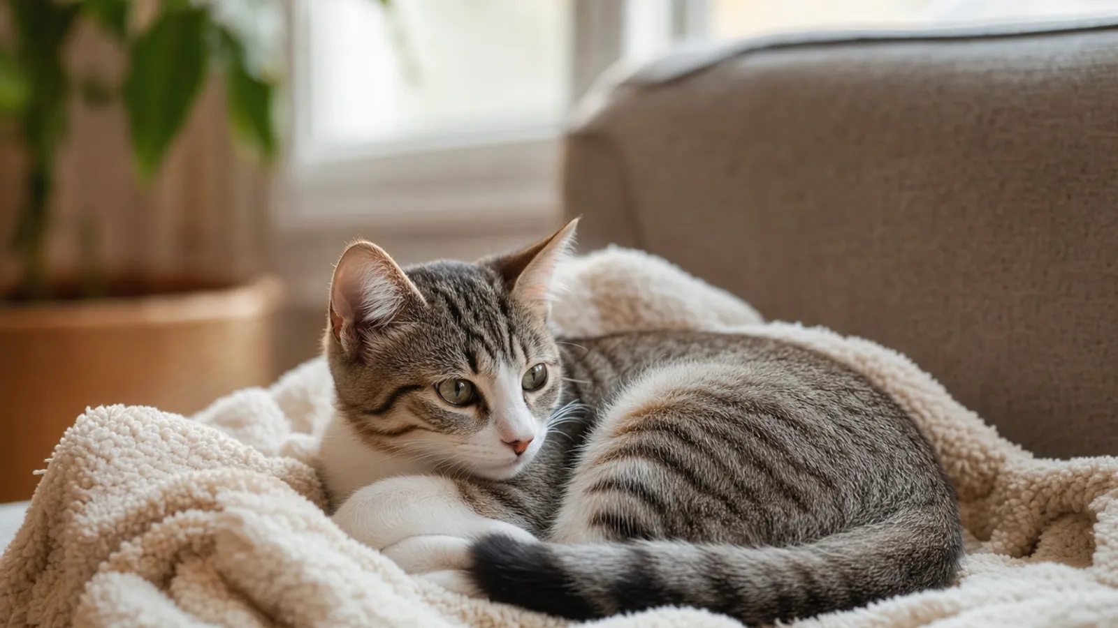 Gato jovem descansando enrolado em uma manta macia dentro de casa