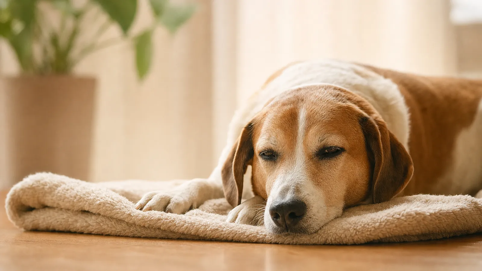 Cachorro adulto descansando deitado sobre uma manta macia no chão de casa, com expressão tranquila