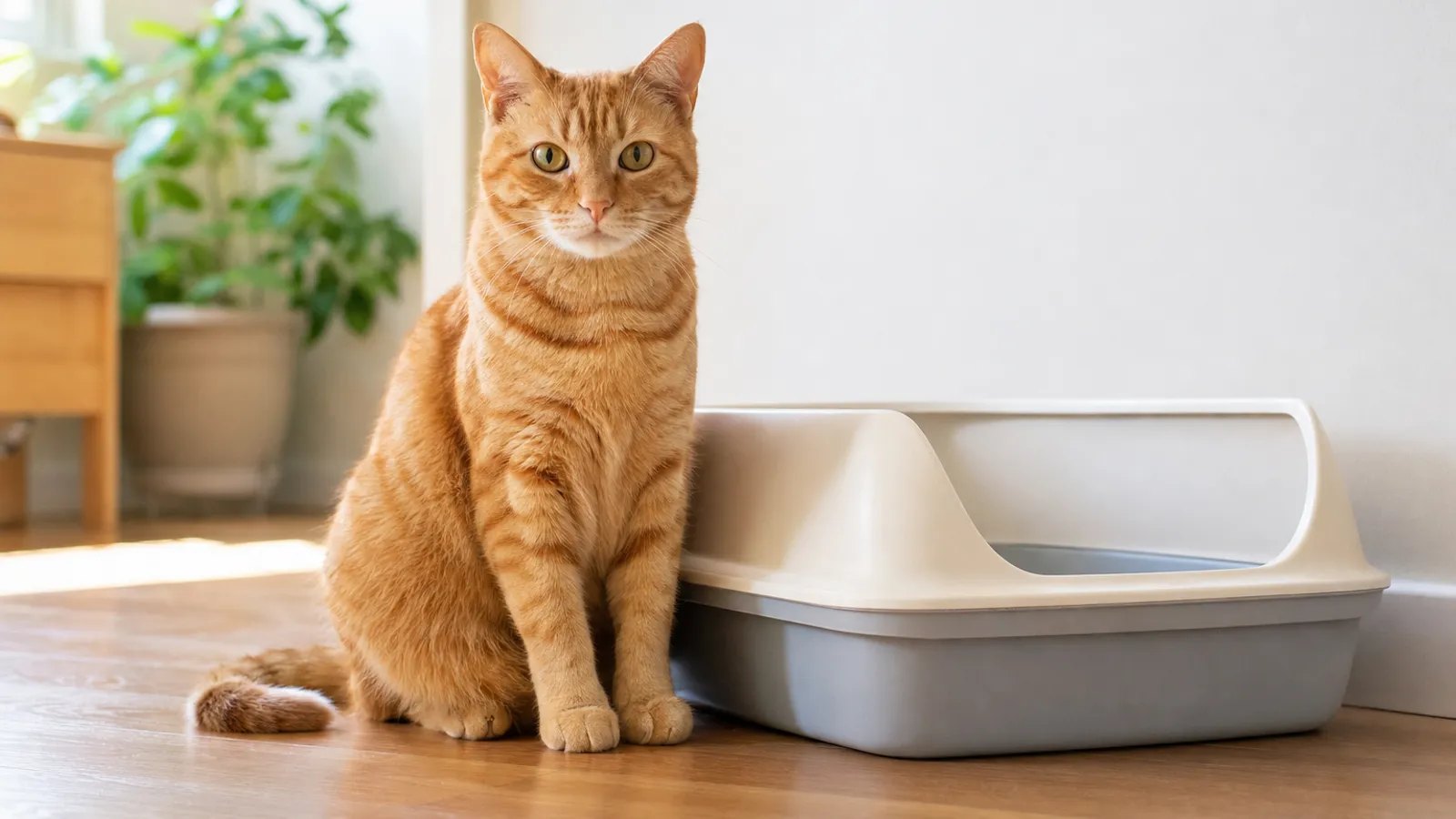 Gato laranja sentado ao lado de uma caixa de areia limpa, em um canto tranquilo da casa