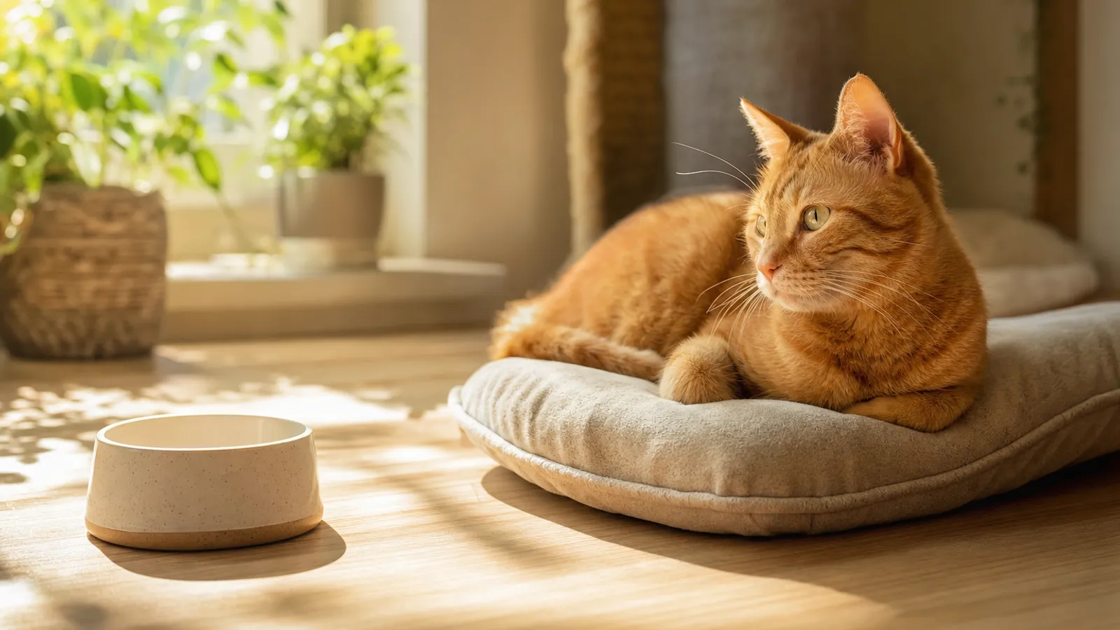 Gato de pelagem laranja deitado em uma almofada, com expressão tranquila, perto de um pote de comida vazio