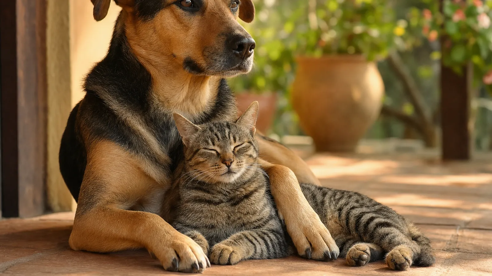 Um cachorro sem raça definida e um gato rajado descansando juntos em uma varanda ensolarada.