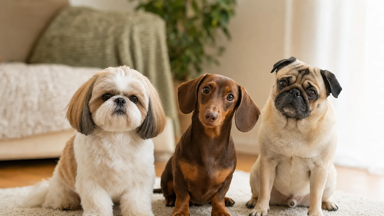 Três cães de raças pequenas sentados lado a lado em um tapete claro na sala