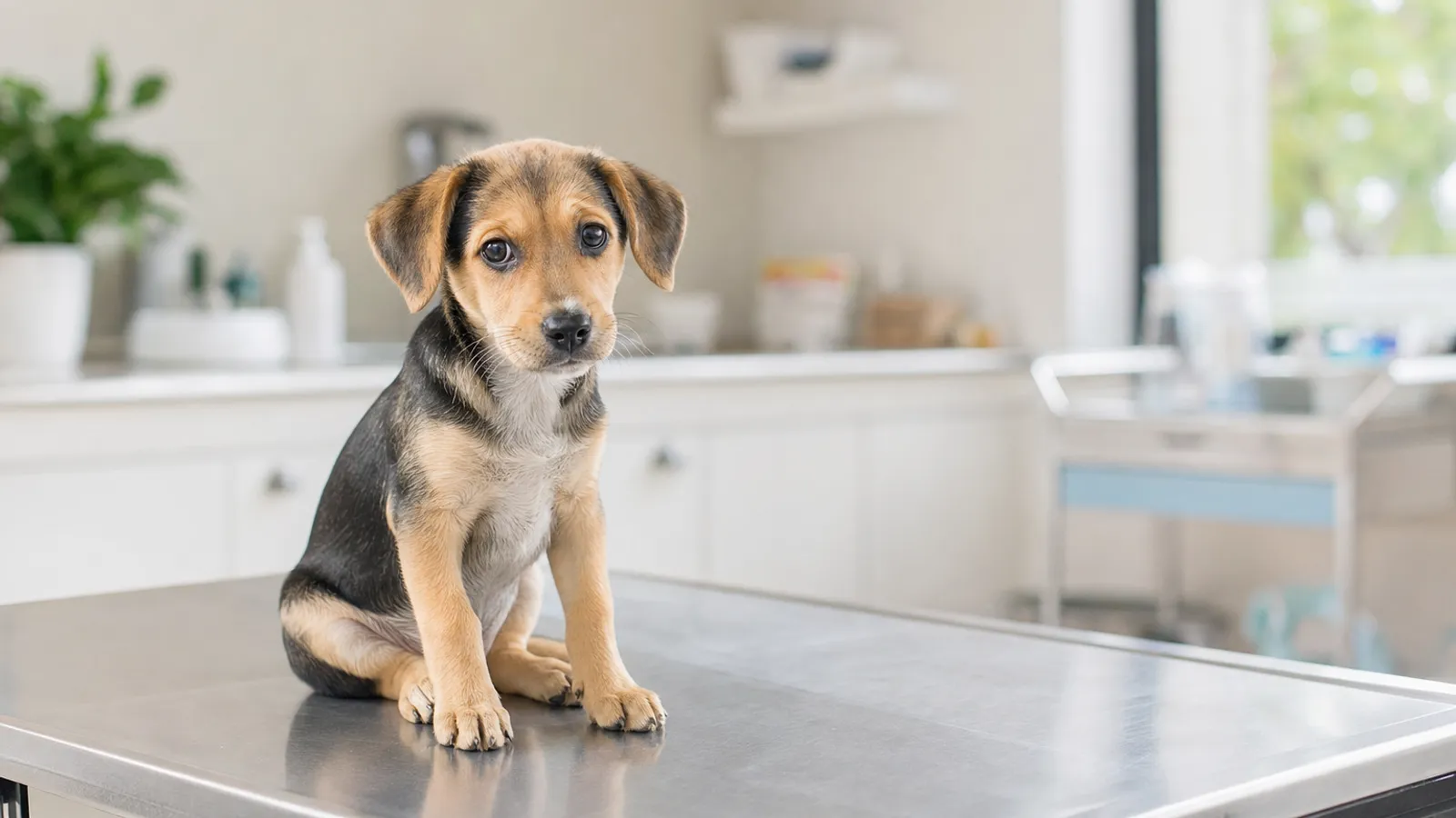 Filhote de cachorro sentado sobre uma mesa de clínica veterinária, olhando para a câmera