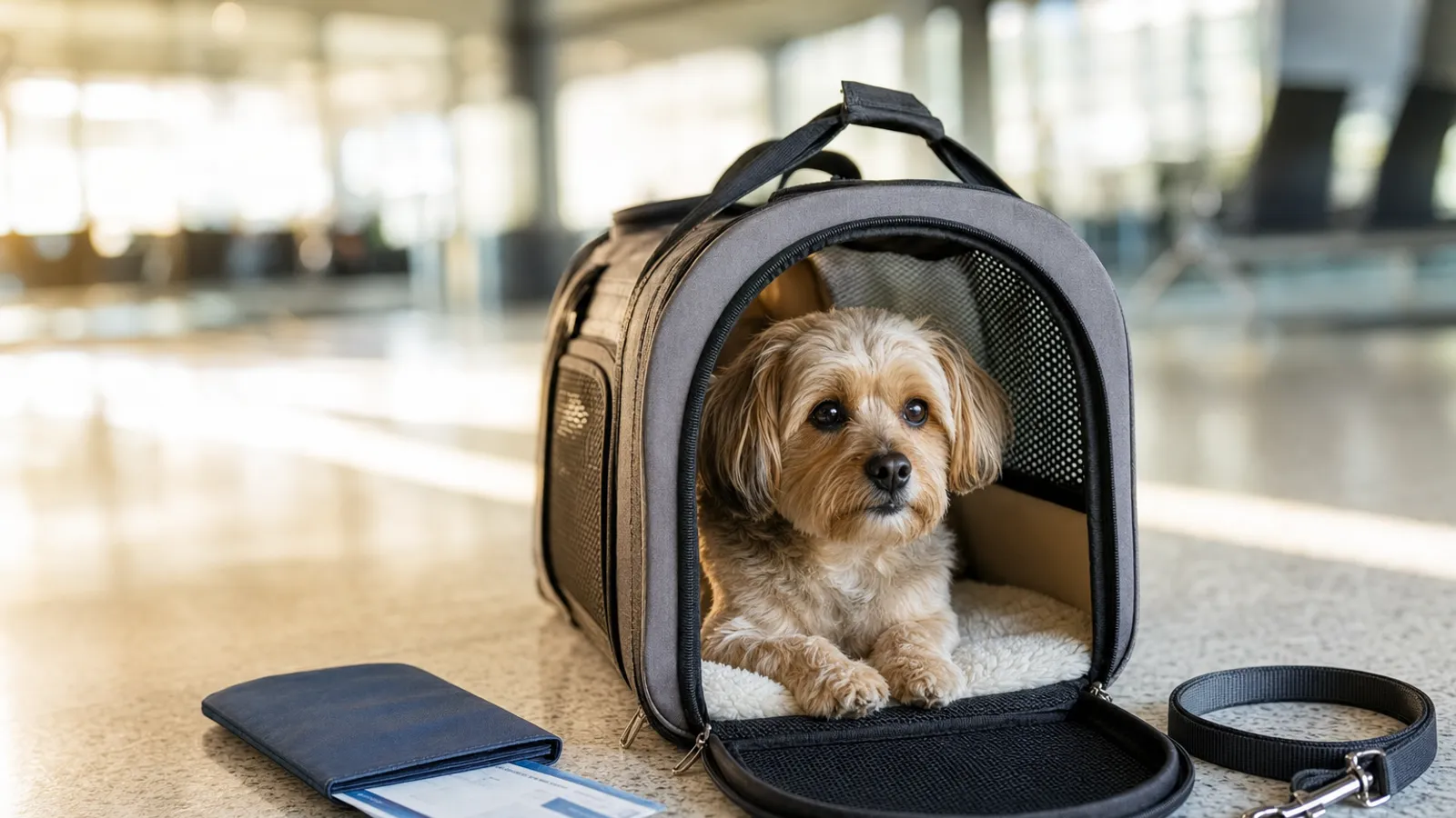 Cachorro pequeno deitado com tranquilidade dentro de uma caixa de transporte aberta no saguão de um aeroporto, ao lado de uma pasta de documentos e uma guia.